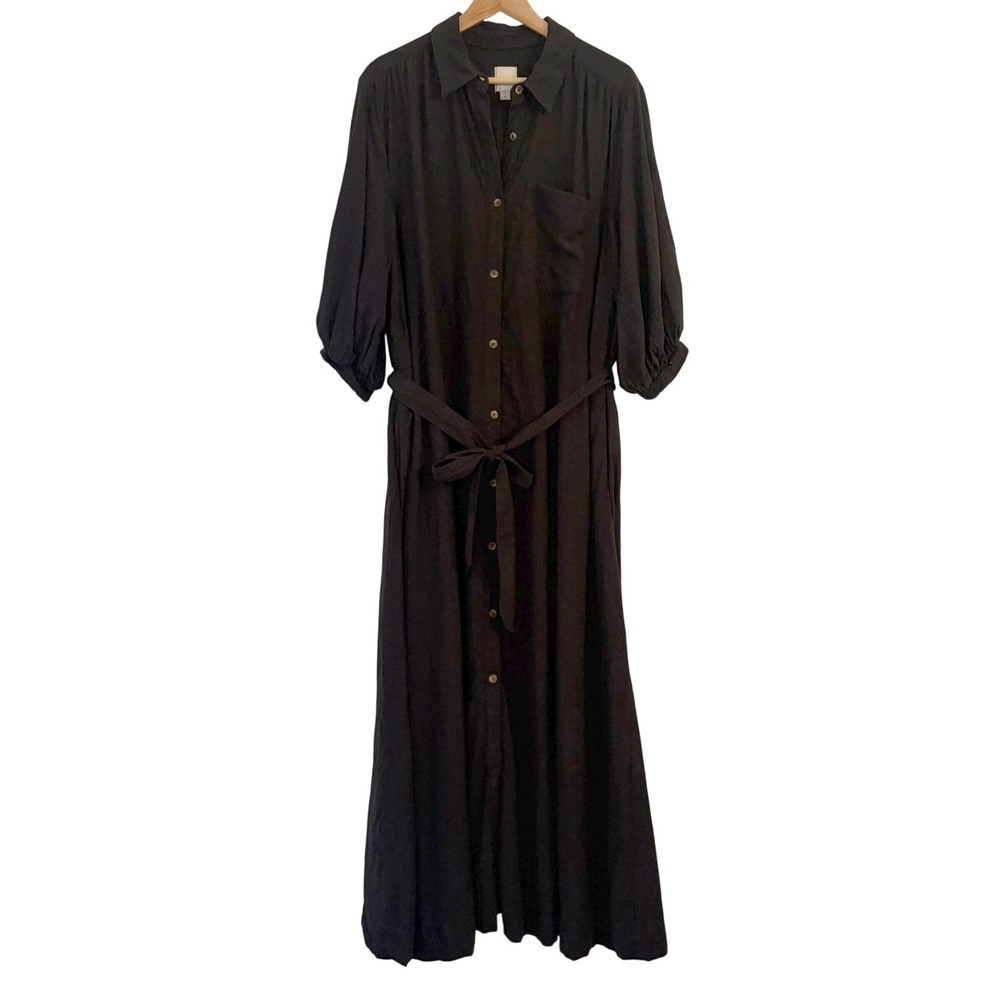 Anthropologie Maeve Mona Linen Shirt Dress L Maxi Puff Sleeve Resort Beach Black - Picture 2 of 12